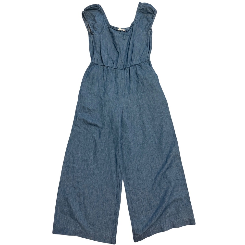 Old Navy Jumpsuit Kids Size 8 Blue NWT Chambray Wide Leg Bow Neckline Denim